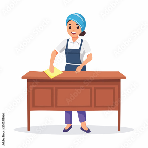 Woman cleaning a wooden desk with a yellow cloth