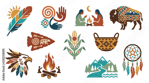Obraz na plátně A vibrant collection of Native American , including a feather, handprints, people by a fire, a buffalo, an arrowhead, corn, a basket, an eagle, a campfire, mountains, and a dreamcatcher