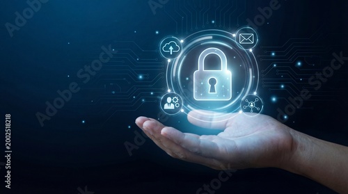 Hand holding digital cybersecurity lock symbol representing data protection and online security