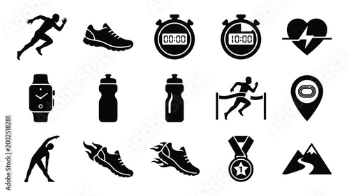 Black icons for running fitness and sports on white background including shoes stopwatches and medals