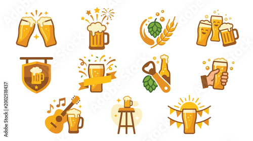 Foto A collection of cheerful and festive illustrations celebrating beer and good times, featuring clinking glasses, music, and celebratory elements