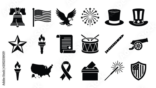 Collection of patriotic american icons and symbols on white background for independence day celebrations