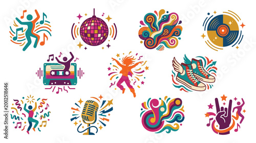 A vibrant collection of retro and modern music and dance-themed graphic elements, including disco balls, cassette tapes, microphones, dancing figures, and abstract swirls.