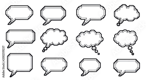 Set of various pixel art speech bubbles and thought clouds.