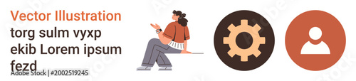 Productivity, teamwork, identity, process optimization, career, efficiency. Woman sitting, gear and user icons. Productivity and teamwork concept with casual style