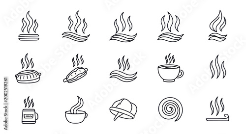 Set of various steam and hot vapor line icons.