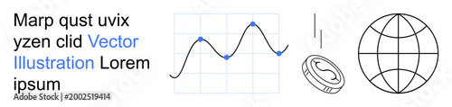 Data visualization, global finance, economic growth, digital communication, currency trends, information exchange. Graph, coin globe and text. Data visualization and global finance thematic
