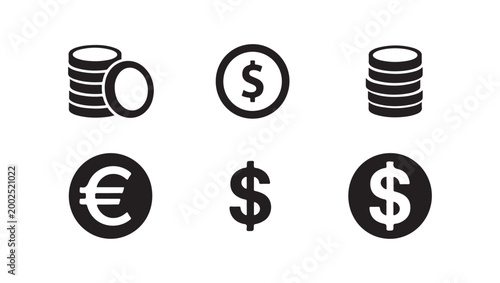 Money coins and currency symbols collection for finance and economy themes.