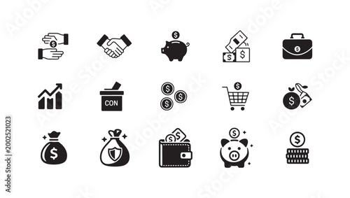 Business and finance icons collection with money bags coins and graphs.