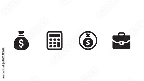 Finance icons with money bag calculator briefcase and money bag in circle.