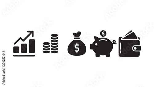 Finance and business icons with growth chart coins money bag piggy bank.