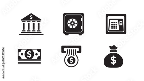 Set of banking and financial service icons showing bank building safe cash and money bags.