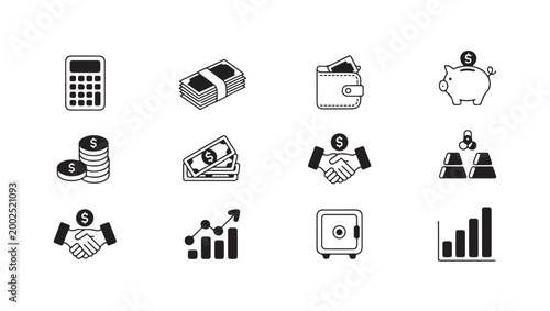 Business and finance line icons set including money calculator piggy bank and growth chart.