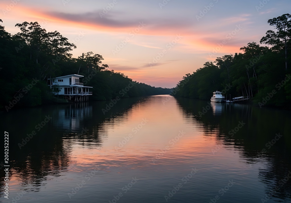 Fototapeta premium Modern house and boat on river at sunset
