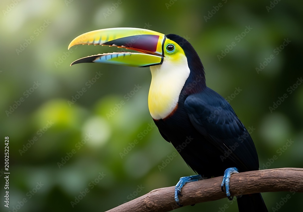 Fototapeta premium Toucan perched on a branch with beak open