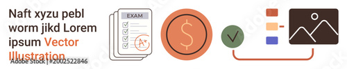 Education, finance, decision-making, project management, business planning, data visualization. Icons of a checklist, dollar symbol checkmark and graph. Education and finance
