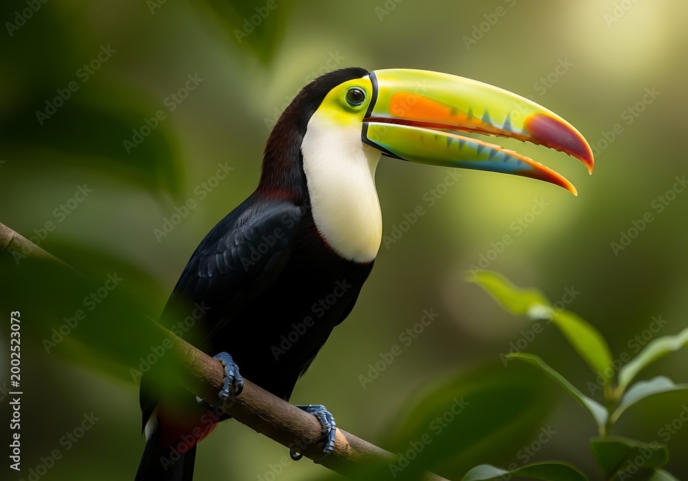 Naklejka premium A toucan sits on a branch with its beak open in a lush forest