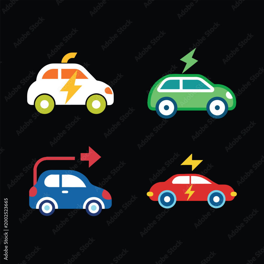 Naklejka premium Colorful flat design electric and hybrid cars with lightning bolts and charging symbol
