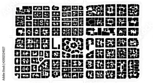 Aerial view of a city block plan with geometric shapes and streets.