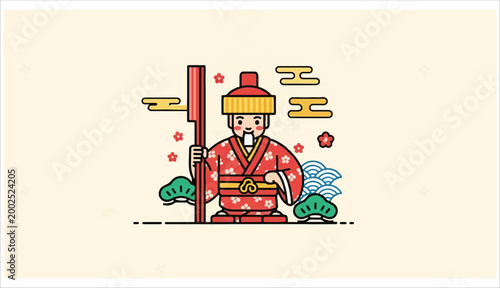 Traditional Japanese emperor character illustration wearing red kimono and crown with pine and wave motifs in flat minimalist vector graphic style design