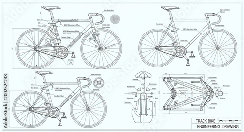 Schilderij op canvas Detailed technical blueprint of a bicycle with multiple views.
