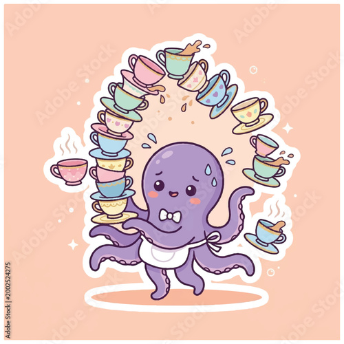 Bild auf Leinwand Octopus Balancing Teacups on Tentacles.