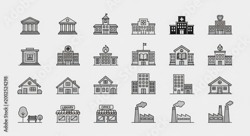 Collection of diverse building icons representing various structures.