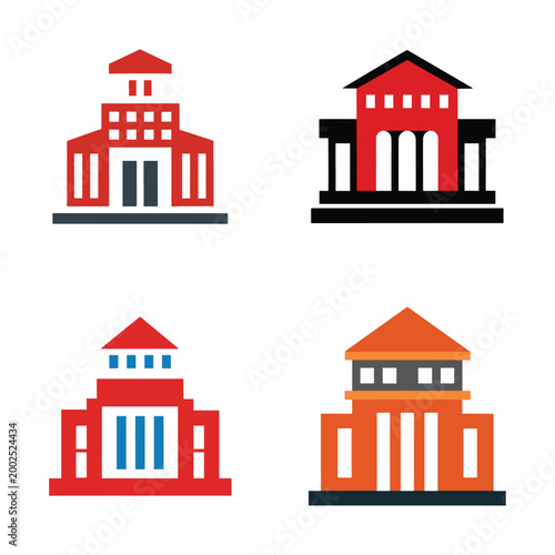Colorful illustrations of various building icons with columns and roofs in different architectural styles and colors  buildings with flat tops and pitched roofs