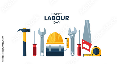 Flat lay illustration celebrating Labour Day depicting essential tools like a hammer, wrench, hard hat, saw, and measuring tape against a clean white background, symbolizing the working