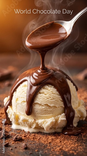  World Chocolate Day Thick Warm Fudge Sauce Drizzling Over a Scoop of Creamy Vanilla Ice Cream