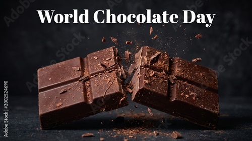 World Chocolate Day Broken Dark Chocolate Squares Dramatically Shattered on a Moody Background
