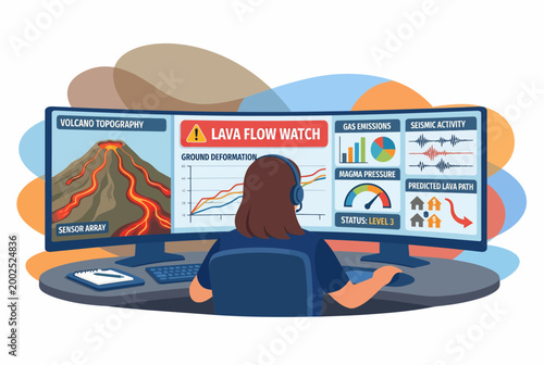 Dispatcher Monitoring Volcano Activity and Lava Flow on Screens