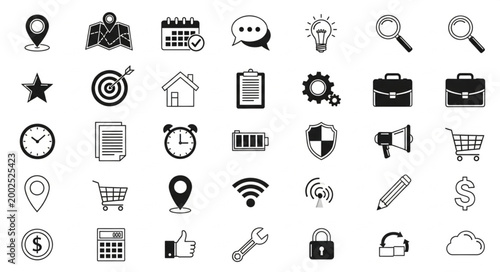 Collection of business and finance icons in black and white.