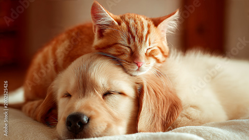 An orange tabby kitten sleeps soundly on top of a sleeping Golden Retriever puppy, on a white surface or soft carpet, a peaceful and loving atmosphere.
