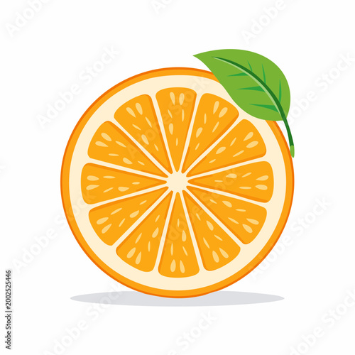 Illustration of a Sliced Orange with a Green Leaf