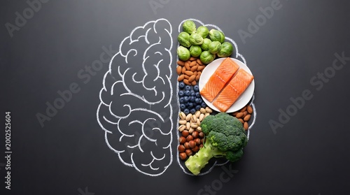 Human brain outline drawn on chalkboard filled with healthy brain food ingredients like salmon nuts and vegetables to illustrate connection between diet and mental performance health