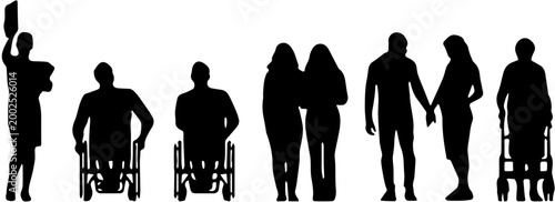Diverse people silhouettes set including people in wheelchairs and elderly with walker.