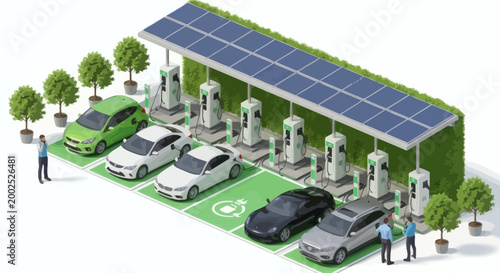 Eco-friendly electric vehicle charging station powered by solar energy and featuring multiple charging points