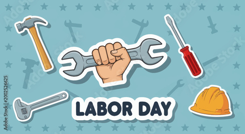 Vibrant sticker set illustration representing essential worker tools and craftsmanship, ideal for celebrating labor, industry, and the spirit of hard work