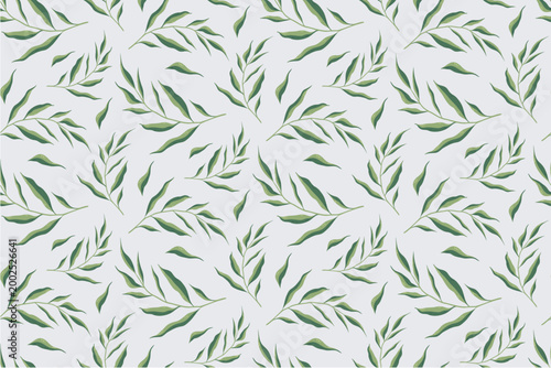 Seamless Green Leaf Branch Pattern on Soft Gray Background Minimal Botanical Design