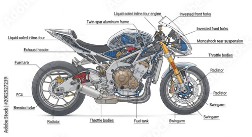 Detailed Diagram of a Modern Sport Motorcycle Showing All Components.