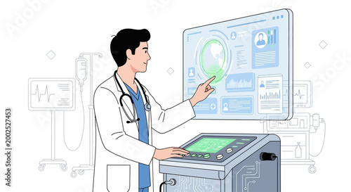 Illustration of a doctor interacting with a medical device and touchscreen monitor in a clinical setting with a futuristic interface.