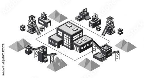 Isometric Oil Refinery Industrial Complex with Pipelines and Storage Tanks.
