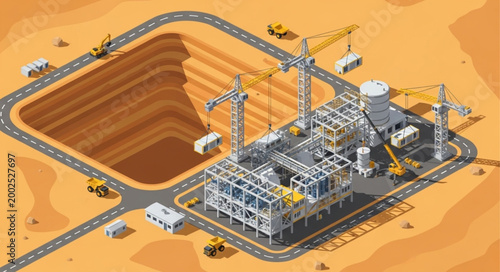 Large Oil Refinery Plant with Multiple Structures and Pipelines in Desert Environment.