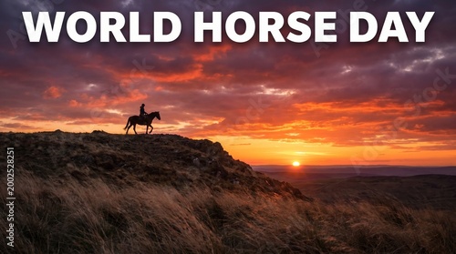 World Horse Day Lone Cowboy Riding a Horse on a Cliff Edge at a Stunning Fiery Sunset