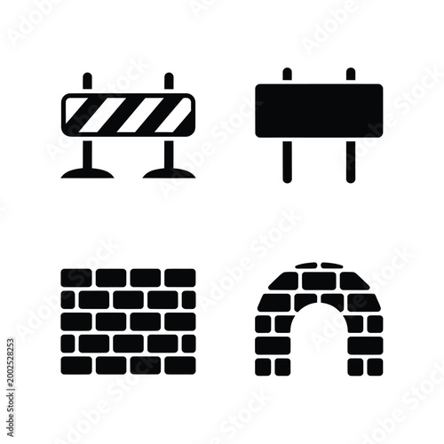 Construction barrier icons set brick wall and archway silhouettes