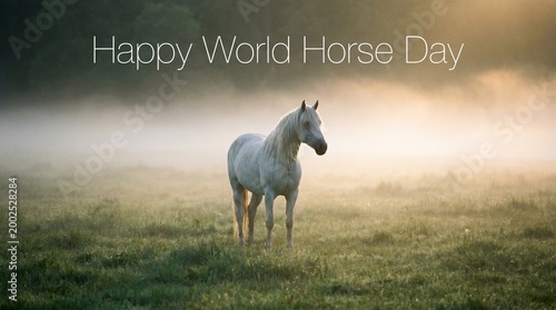 Happy World Horse Day Elegant White Mare Standing Alone in a Dreamy Misty Morning Meadow