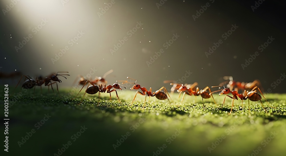 Fototapeta premium Red Ants Marching in a Line on Grass.