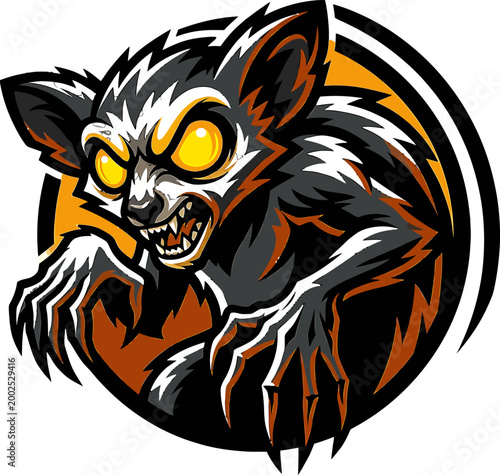 Fierce Lemur Character Illustration with Glowing Eyes and Sharp Claws, Energetic Wildlife Mascot Art