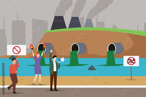 Environmental Activists Protesting Against Industrial Water Pollution and Toxic Waste Discharge into Rivers 2d flat vector illustration